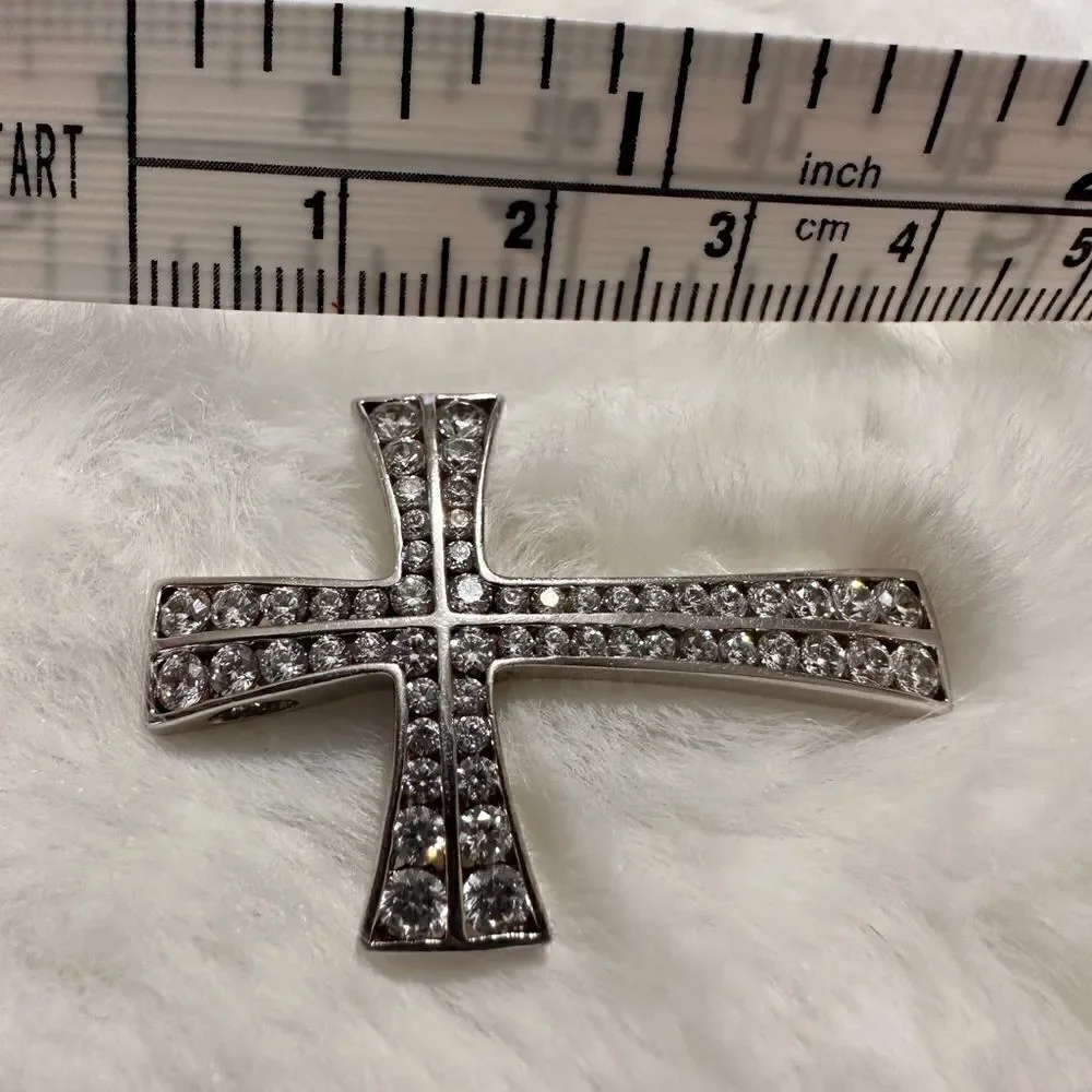 Sterling Silver 925 Cross Pendant With White CZ Stones Modern Curved Design